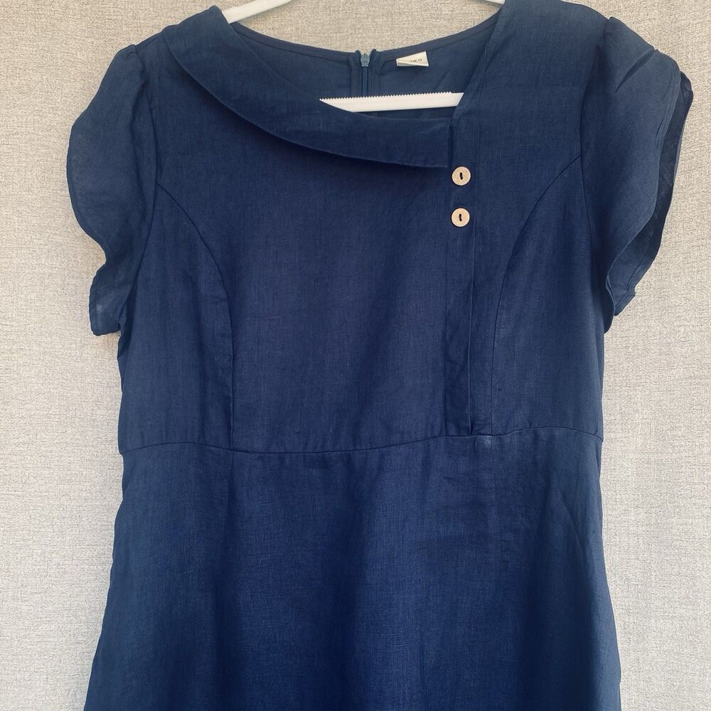 Lintico 100% Linen Fiona Midi Dress L Dark Blue Crescent Collar Pockets DR-1738